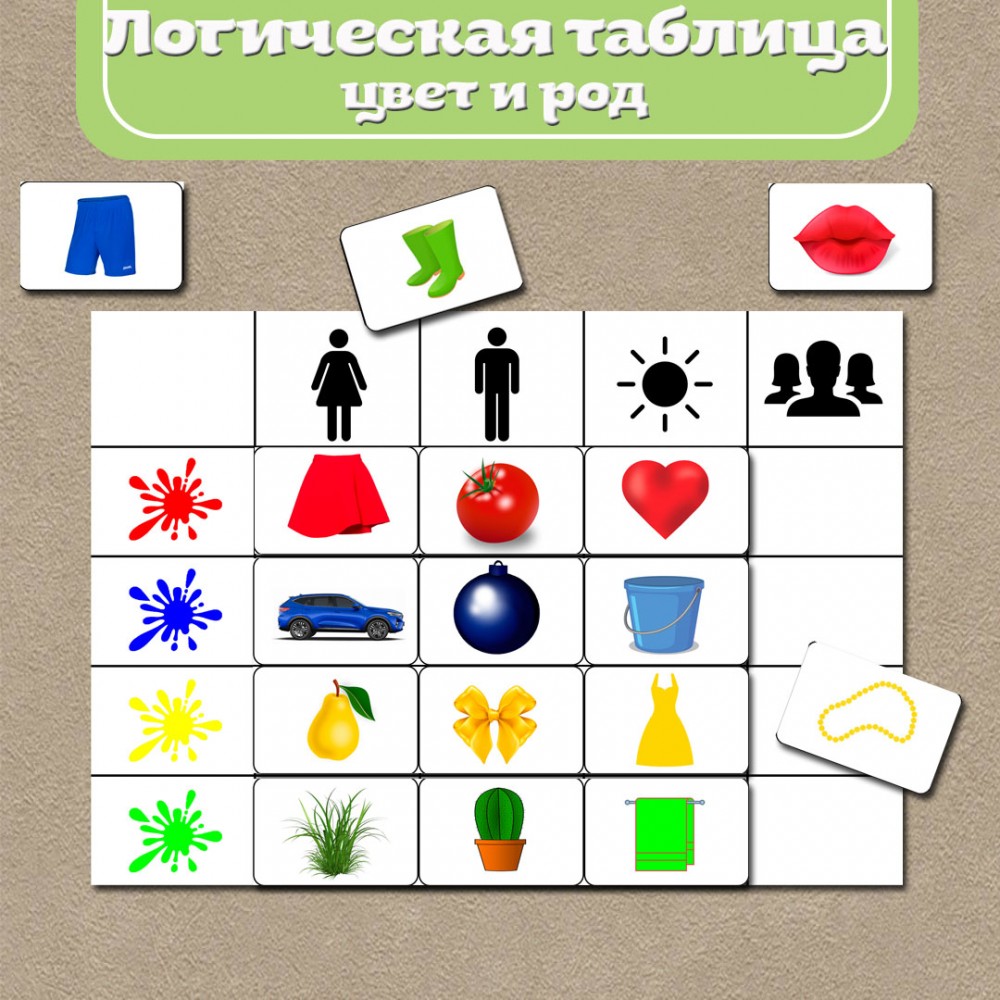 Логическая таблица на сортировку по цвету, роду и числу. Игра на липучках.