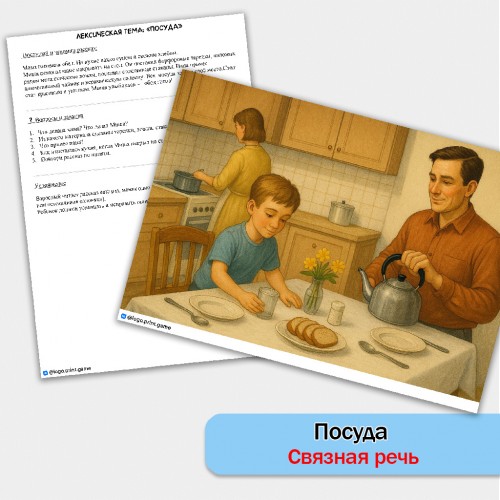 Посуда - развитие связной речи, внимания и памяти у детей 5-7 лет. Посуда - развитие связной речи, внимания и памяти у детей 5-7 лет.