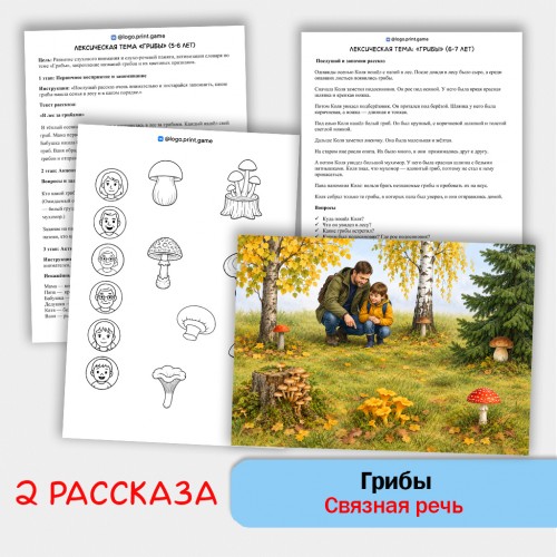 Грибы - развитие связной речи, внимания и памяти у детей 5-7 лет.